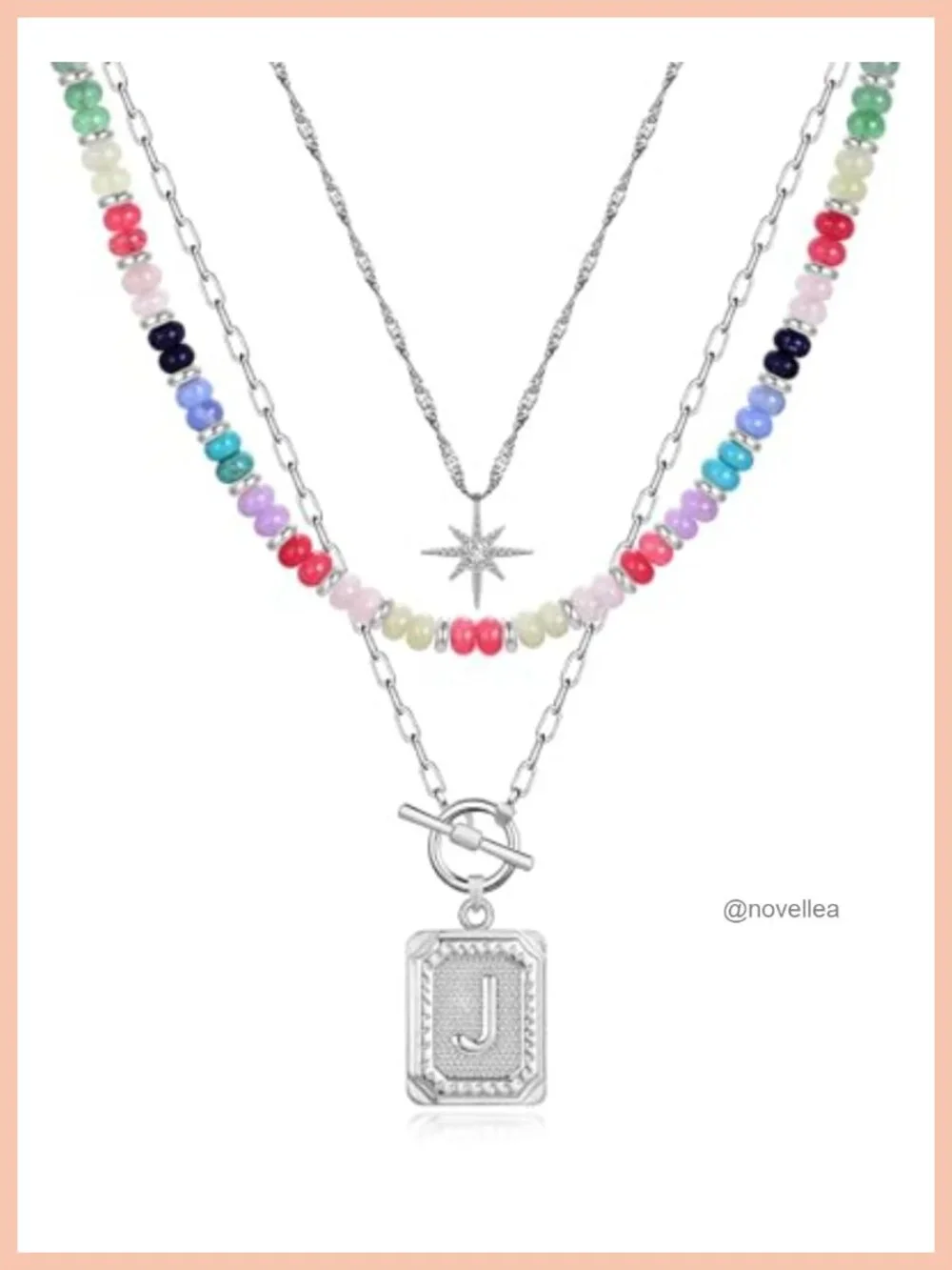 14K Gold Plated Brass Layered Initial Necklace Set with Star Choker, Beaded &